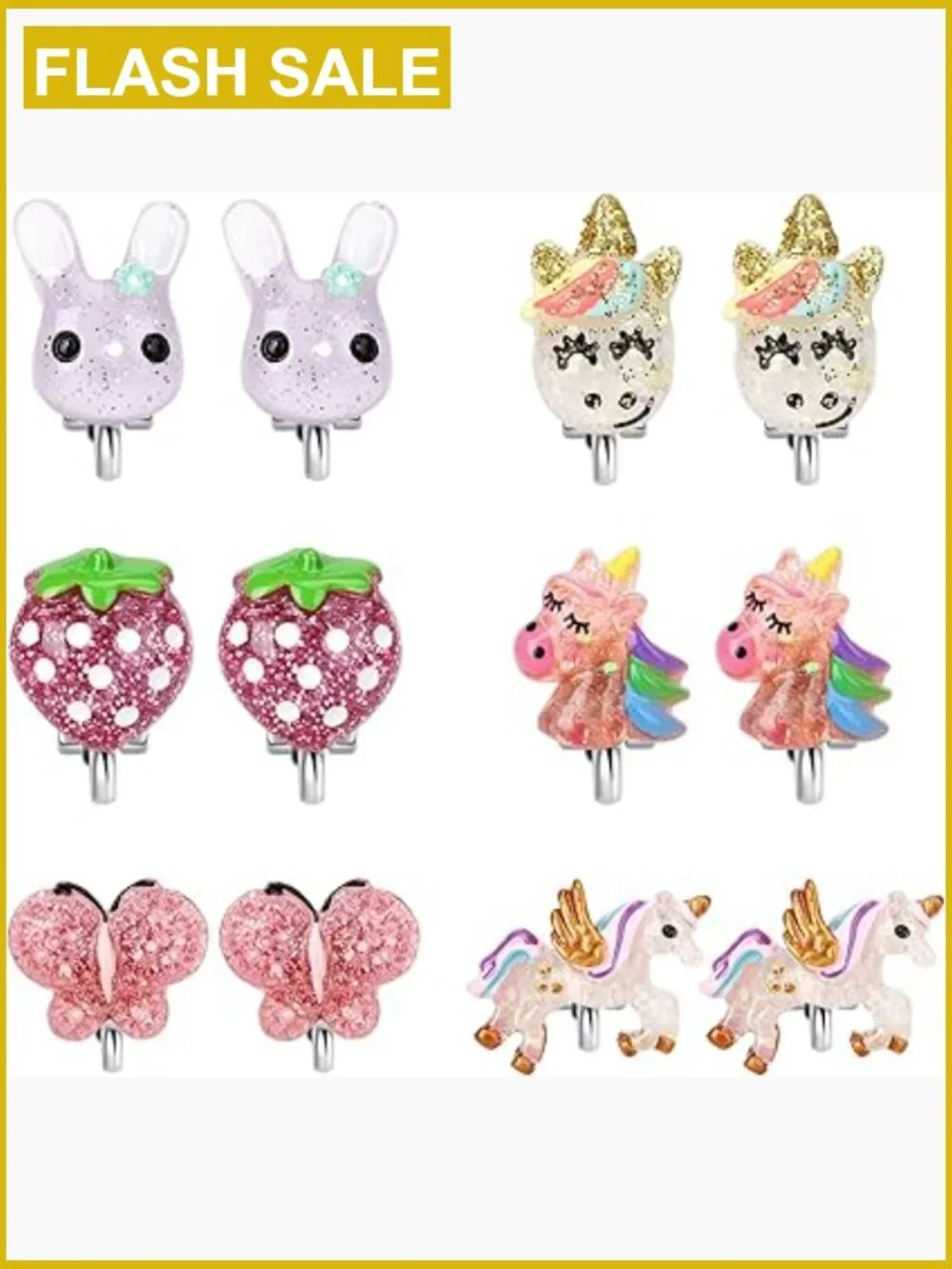 6 Pairs Clip On Earrings for Little Girls Unicorn Butterfly Strawberry